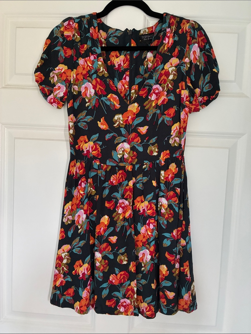 Topshop Black Floral V‑Neck Fit & Flare Dress with Pink and Orange Blooms